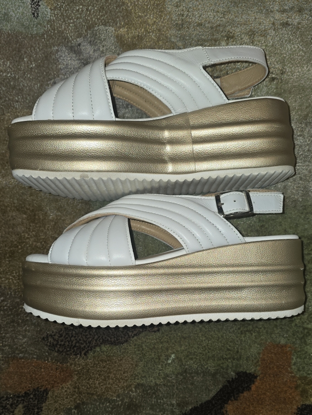 Cordani Yvonne White Leather Platform Sandals with Gold Sole